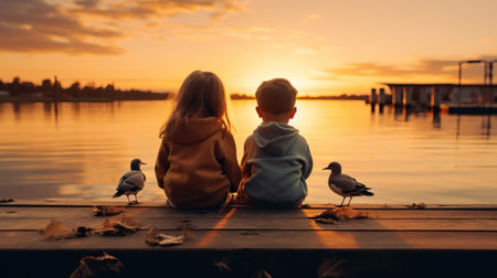 Two children watching sunset over lake with birds. Childhood, friendship, nature concept.の素材