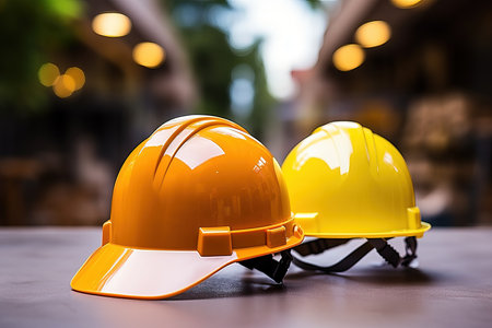 Yellow Hard Hats, Construction Safety Equipment, Industrial Workplaceの素材