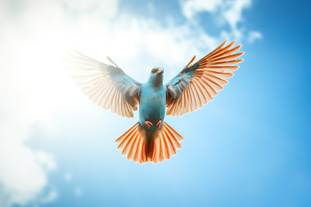 A dove soars gracefully against a backdrop of brilliant blue skies and white clouds, its wings outstretched in a symbol of peace, hope, and spiritual freedom.の素材