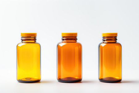 Three amber glass bottles with yellow caps on white background. Medicine, pharmacy, and healthcare concept.の素材