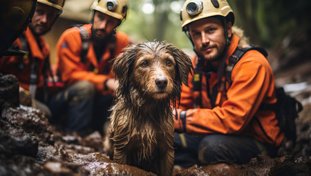 Rescue team with a search and rescue dog during a mission.の素材