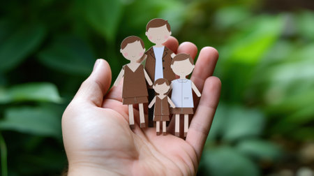 Handmade paper family figure in hand, surrounded by natural greenery. Concept of family values, social support, togetherness, bonding, care, and lifestyle.の素材