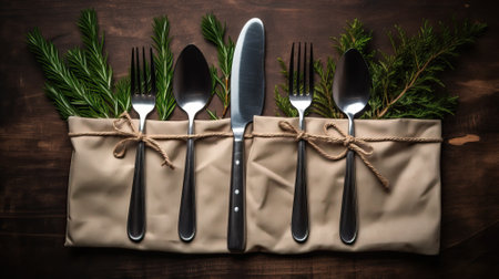 Cutlery set in holder with herb sprigs, concept of rustic dining or catering service.の素材