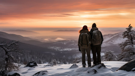 Couple enjoying the breathtaking winter landscape view from a snowy mountain peak during sunset.の素材