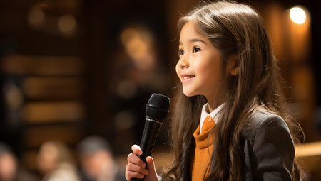 Young girl with microphone speaking at a podium, concept of public speaking, communication, education, leadership, and confidence.の素材