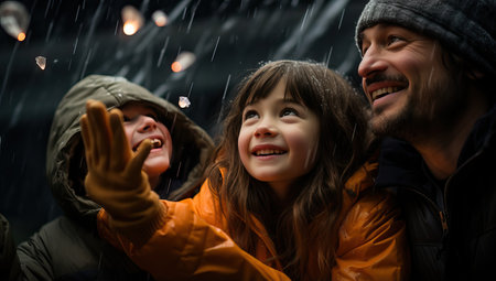 Happy family with young girl enjoying time together outdoors in the rainの素材