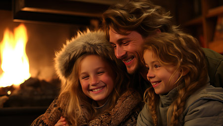 Happy family enjoying cozy time by the fireplace during winter. Parents and children bonding, laughing, and spending quality time together in a warm and inviting home setting.の素材