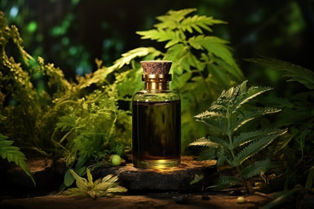 Aromatic essential oil bottle in lush green forest. Natural skincare, aromatherapy, and wellness concept.の素材