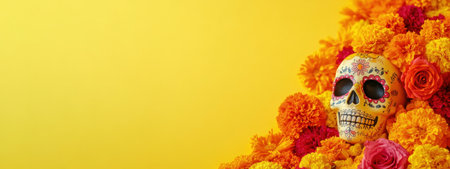 Colorful sugar skull with flowers on a yellow background. Concept of Day of the Dead celebration.の素材
