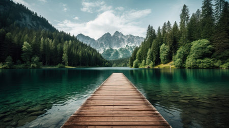 Scenic view of a serene lake with a wooden dock leading to mountainsの素材