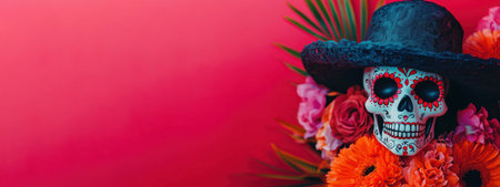 Day of the Dead skull with flowers, Mexican tradition and celebrationの素材