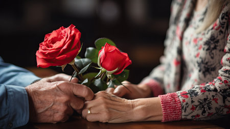 A tender moment of love as a man presents two red roses to his beloved, their hands intertwined, symbolizing their enduring affection.の素材