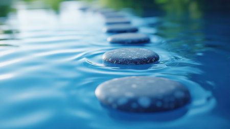 Stone path across a blue water. Concept of zen, harmony, balance, and meditation.の素材