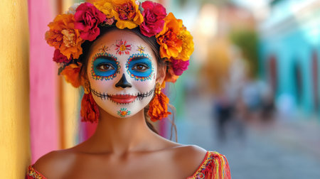 Woman in DÃ­a de los Muertos Makeup, Celebration of Mexican Culture and Traditionの素材