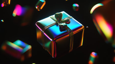 Iridescent Gift Box on Dark Background, Celebration and Surprise Conceptの素材