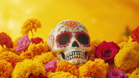 Sugar Skull with Marigold Flowers for Dia de los Muertos Celebrationの素材