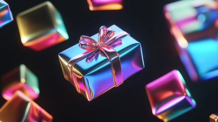 Colorful gift boxes floating on a black background. Concept of celebration, holiday, birthday, surprise.の素材