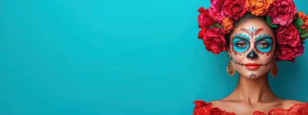 Woman with sugar skull makeup and flower crown. Concept Dia de los Muertos, Halloween, Mexican tradition.の素材