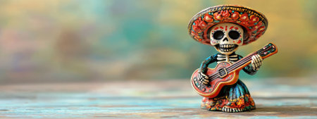 Day of the Dead skeleton figurine playing guitar with traditional Mexican sombrero. Concept of Dia de los Muertos, culture, festival, and celebration.の素材