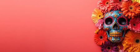 Day of the Dead concept. Sugar Skull with colorful flowers on pink background with copy space. Dia de los Muertos.の素材