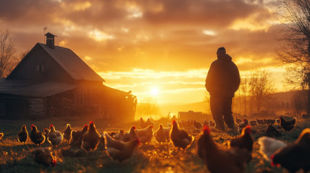 Farmer with chickens at sunrise on rural farm. Concept of agriculture, countryside, and morning routine.の素材