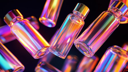 Colorful iridescent glass bottles. Concept of abstract, art, and modern design.の素材