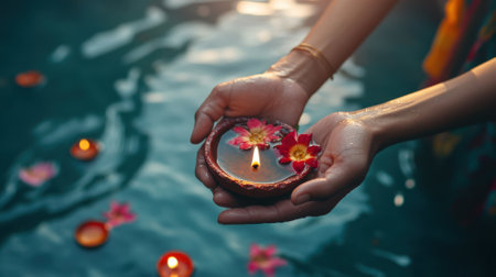 Hands holding a floating diya with flowers on water. Concept of diwali festival, spirituality, and peace.の素材