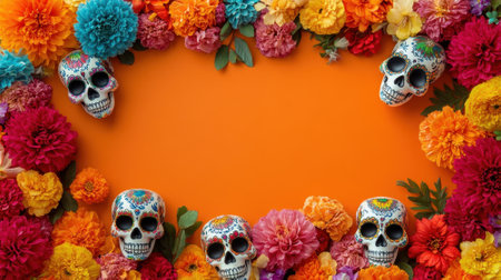 Day of the Dead festive frame with sugar skulls and colorful flowers. Concept Mexican tradition, Dia de Muertos celebration.の素材