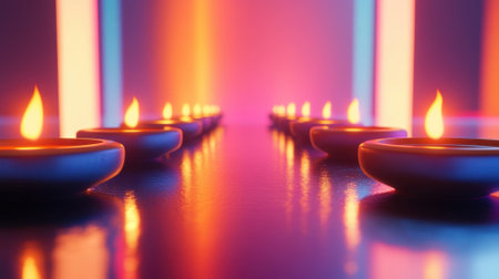 Row of oil lamps on a reflective surface with a colorful neon background. Diwali festival concept.の素材
