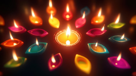 Colorful Diwali lamps arranged in a circle with a central diya. Concept of festival, celebration, and light.の素材