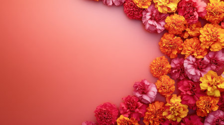 Vibrant floral border on a coral background, Perfect for spring, summer, or festive designs.の素材