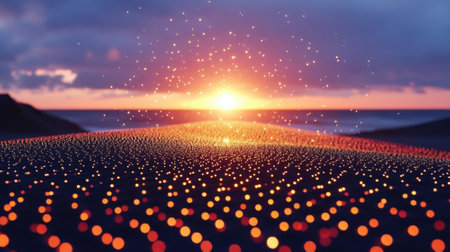 Sunset over a digital landscape, Concept of technology, future, innovation and nature.の素材