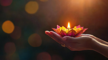Hands holding a lotus flower candle, Concepts of peace, hope, spirituality, and celebrationの素材