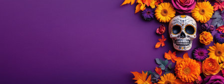 Dia de los Muertos, Day of the Dead, Skull with flowers on purple background.の素材