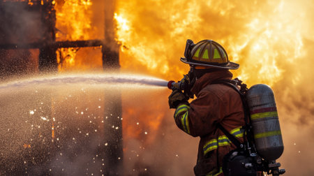 Firefighters battling a raging fire with high flames and smokeの素材