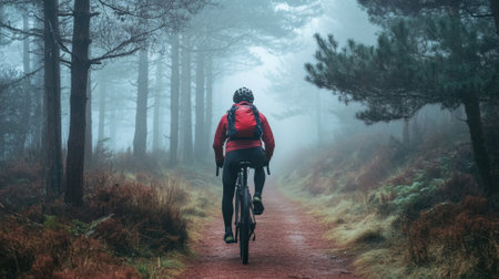 Cyclist riding through a foggy forest path, adventure, nature, and explorationの素材