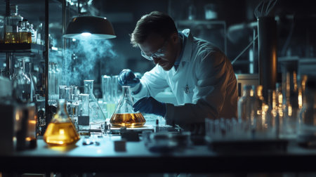 Scientist Conducting Experiments in a Laboratory, Concept of Scientific Research, Innovation, and Discovery.の素材