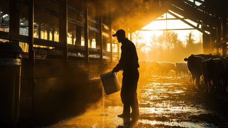 Silhouetted worker in a rustic barn at sunset, Concept of hard work, agricultural labor, and the beauty of the golden hour.の素材