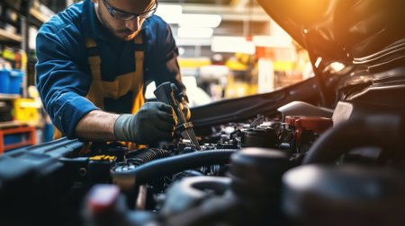 Car Mechanic Repairing Engine in Auto Service, Automotive Repair Shop Conceptの素材