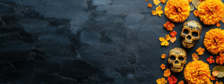 Day of the Dead Background, Sugar Skulls and Marigold Flowers on Dark Textured Surfaceの素材