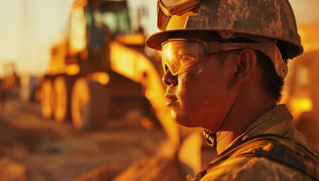 Construction worker in hard hat and safety goggles at sunset, Concept of hard work, dedication, and skilled labor.の素材