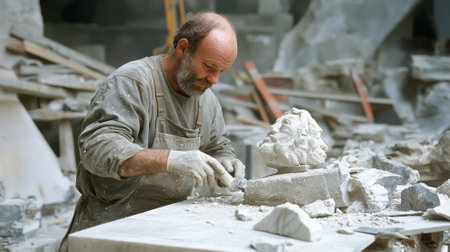 Skilled Stonemason Carving Sculpture from Stone Block, Craftmanship, Sculpture, Artist at Workの素材