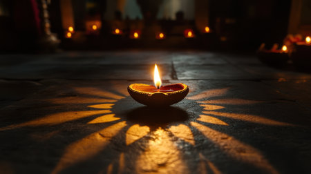 A lit diya casting a pattern of light on the floor during Diwali. A symbolic representation of hope, light, and new beginnings.の素材