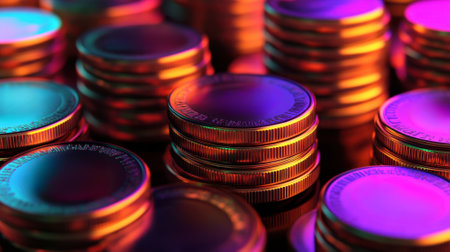 Stacks of Shiny Coins in Colorful Lightingの素材