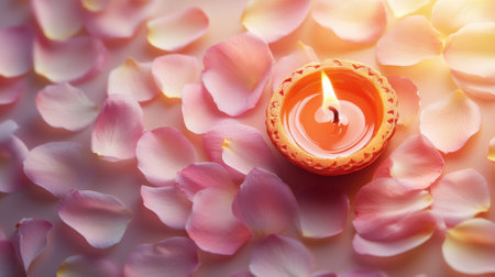 Lit candle with pink rose petals, close up. Concept of love, beauty, spa, wellness, relaxation, and aromatherapy.の素材