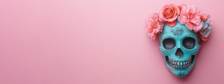 Teal Blue Calavera Skull with Flowers, Dia de los Muertos, Day of the Dead Concept.の素材
