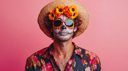 Man with Sugar Skull Makeup and Hat for Dia de los Muertosの素材