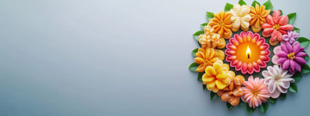 Floral Candle Decoration. Concept of celebration, festive, Diwali, and aromatherapy.の素材