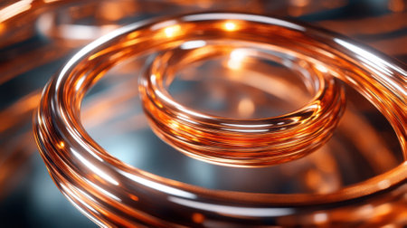 Abstract copper circles. Close up of shiny metal rings reflecting light.の素材