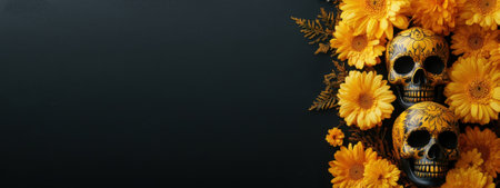 Decorative skulls with orange flowers on dark background. Concept of Day of the Dead, Halloween, and celebration.の素材